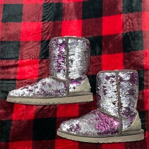 UGG silver and purple color changing sequin boots.